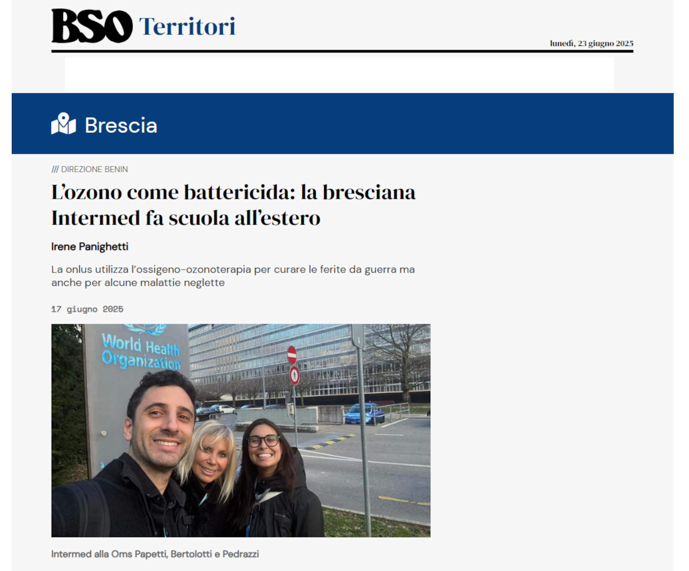 L'ozono su Bresciaoggi: "L’ozono come battericida: la bresciana Intermed fa scuola all’estero"
